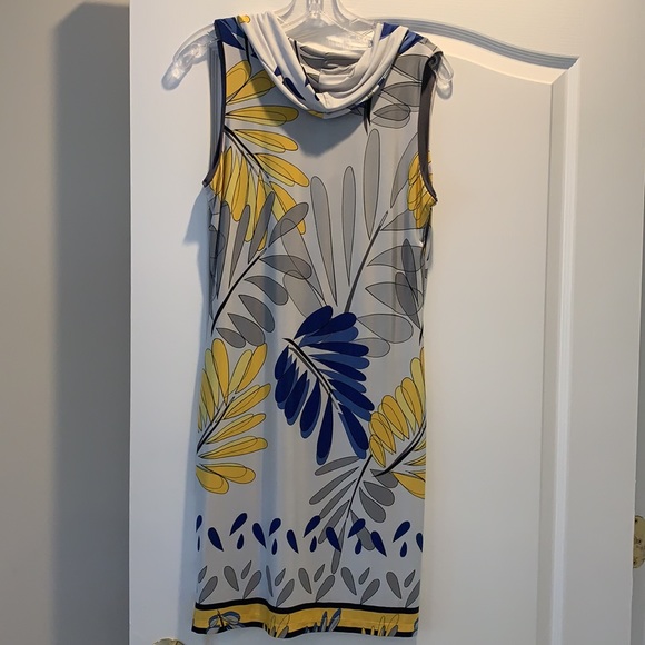 Blue & Yellow Floral Cowl Neck Lined Dress - Picture 2 of 3